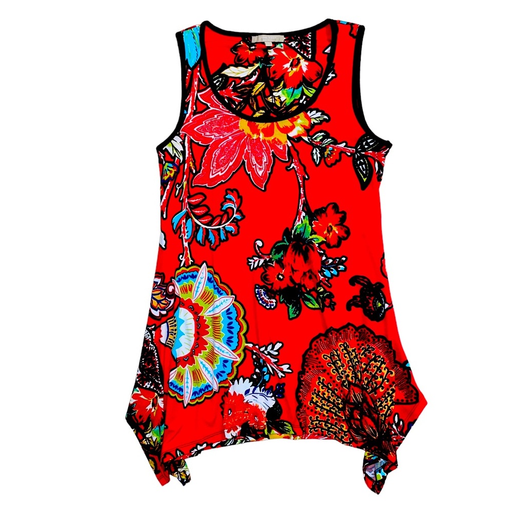 *Joan Vass Colorful Red Sleeveless Flowy Draped Tunic Size S Floral Print Boho